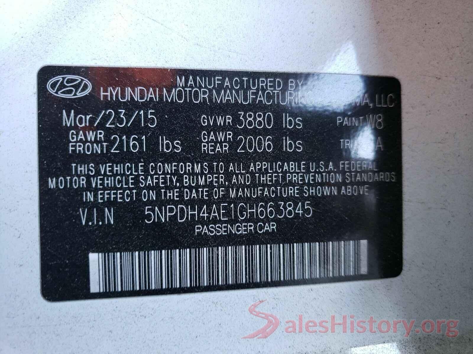 5NPDH4AE1GH663845 2016 HYUNDAI ELANTRA