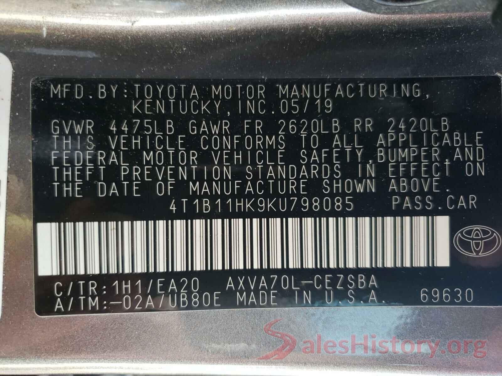 4T1B11HK9KU798085 2019 TOYOTA CAMRY