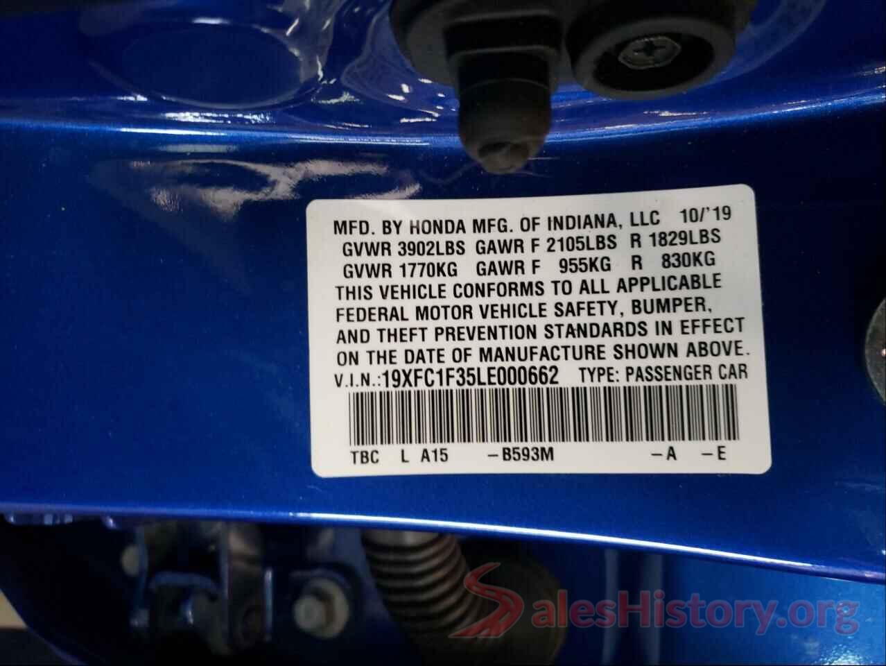 19XFC1F35LE000662 2020 HONDA CIVIC