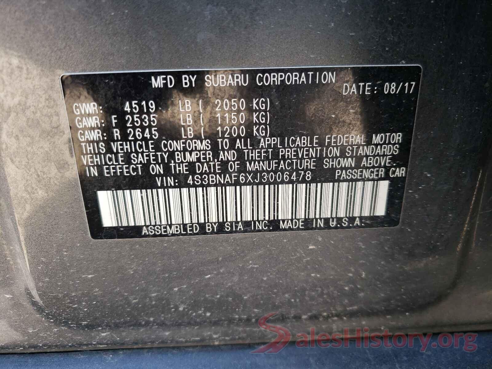 4S3BNAF6XJ3006478 2018 SUBARU LEGACY