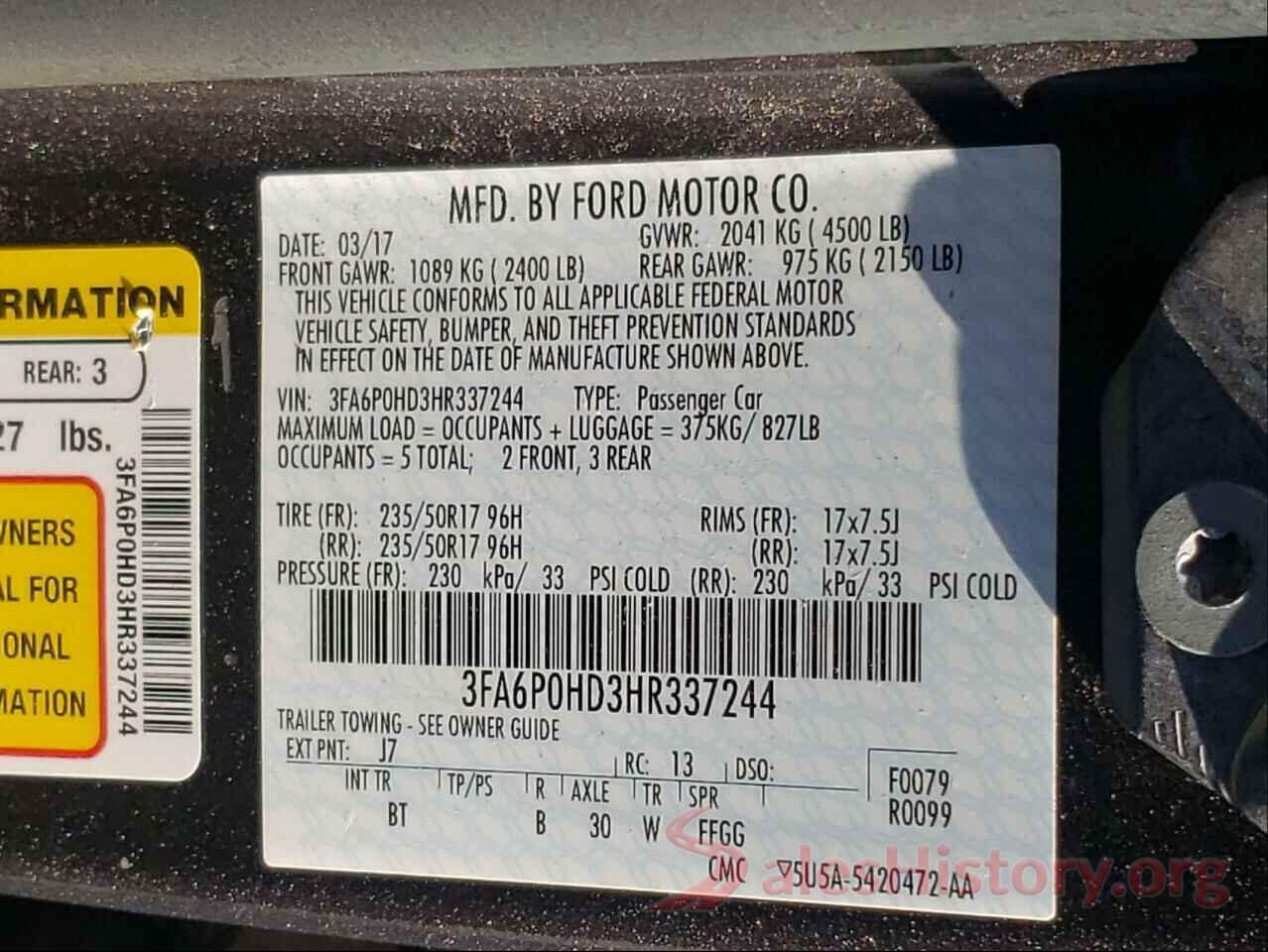 3FA6P0HD3HR337244 2017 FORD FUSION