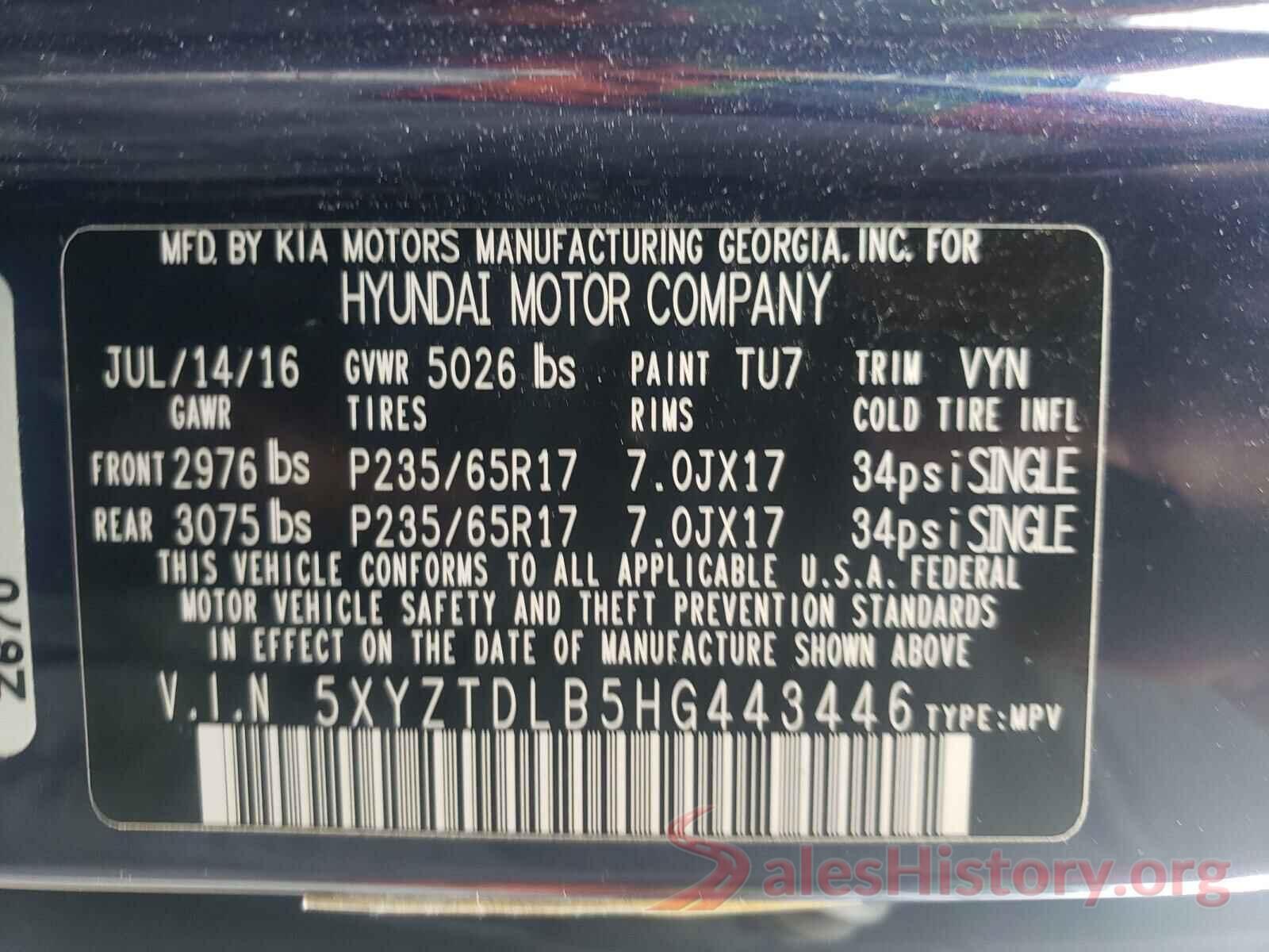 5XYZTDLB5HG443446 2017 HYUNDAI SANTA FE