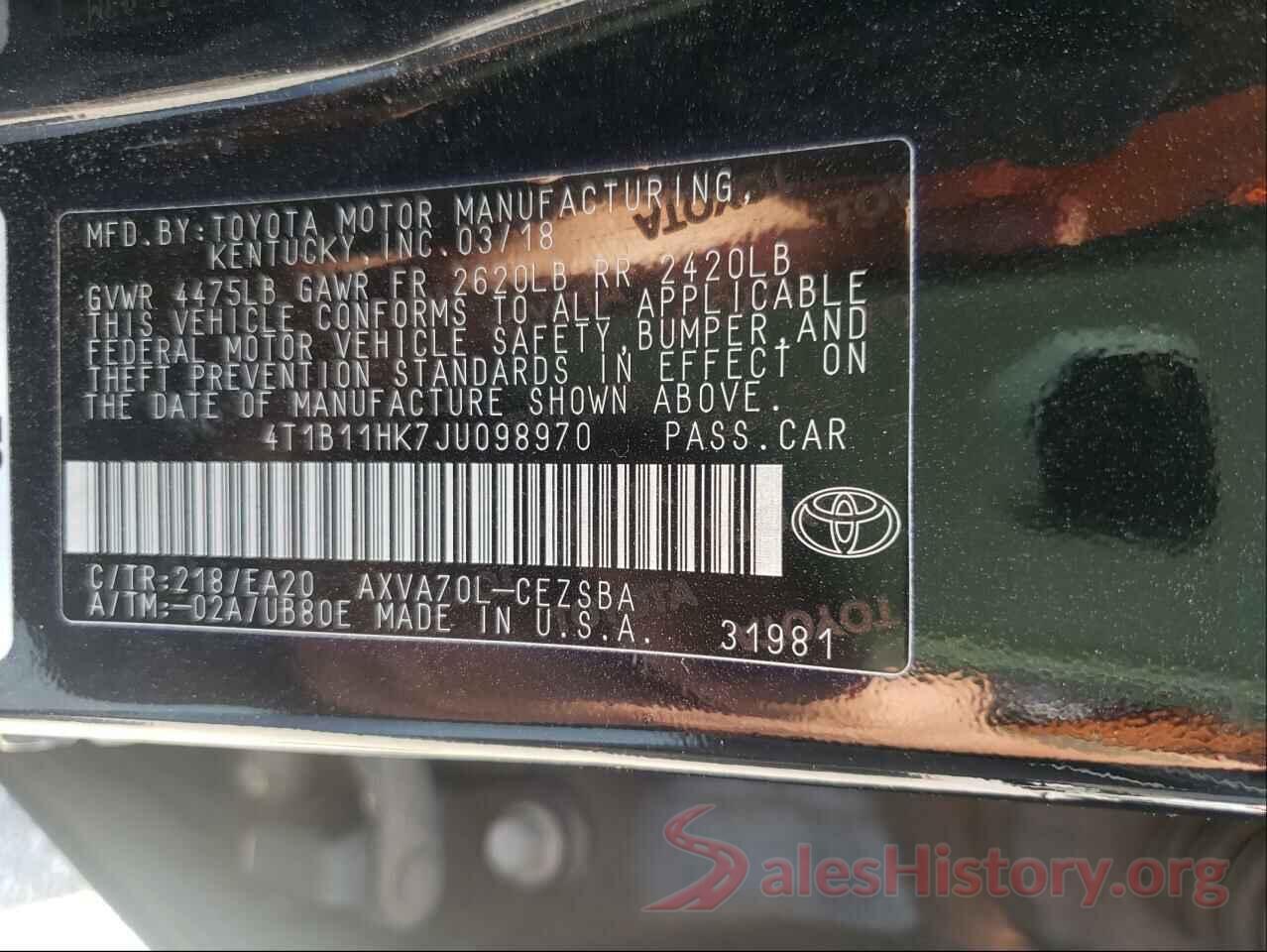 4T1B11HK7JU098970 2018 TOYOTA CAMRY