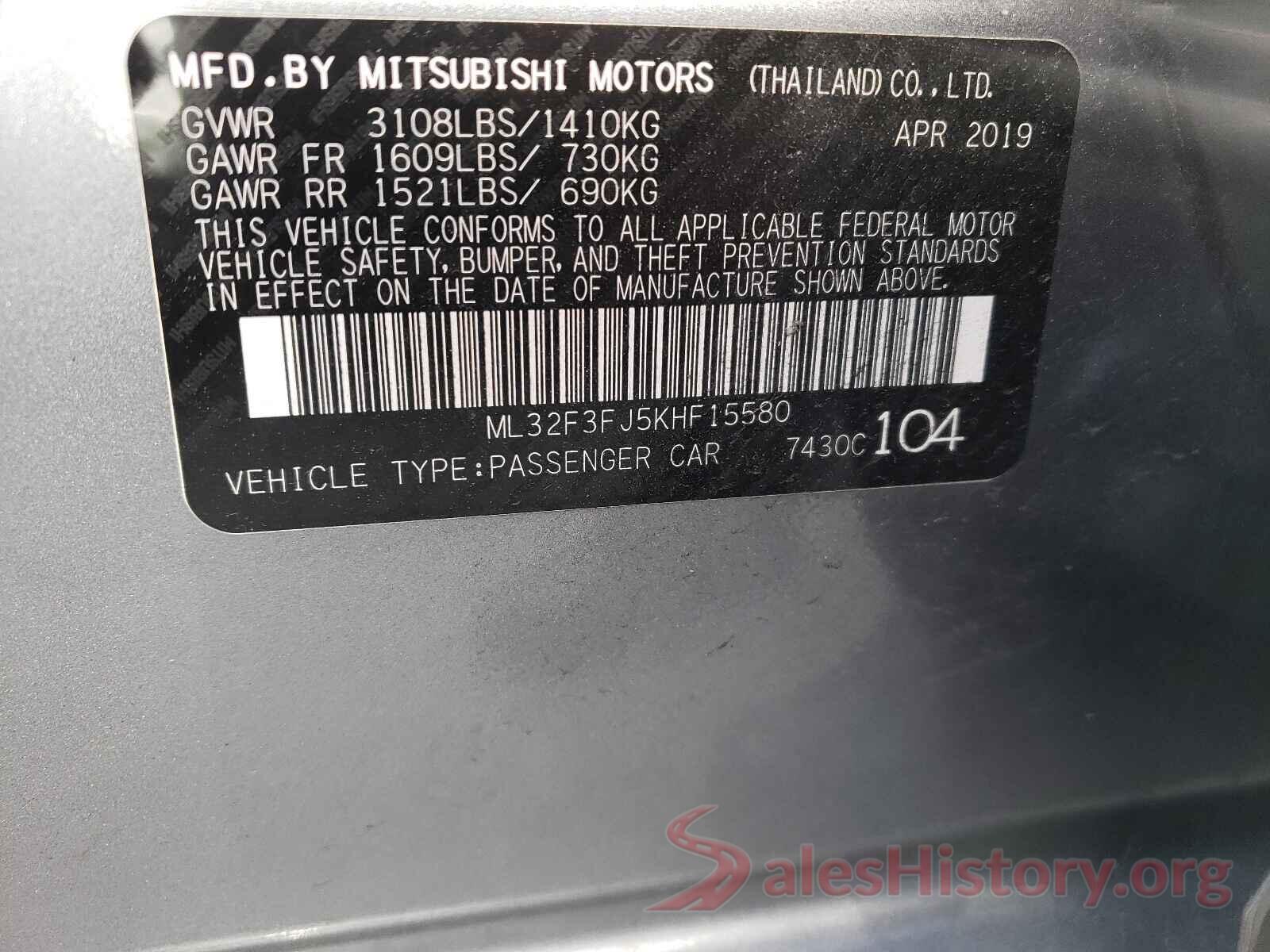 ML32F3FJ5KHF15580 2019 MITSUBISHI MIRAGE