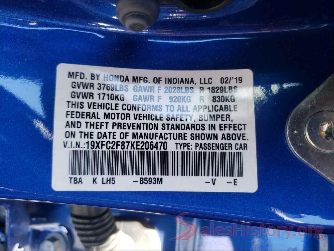 19XFC2F87KE206470 2019 HONDA CIVIC