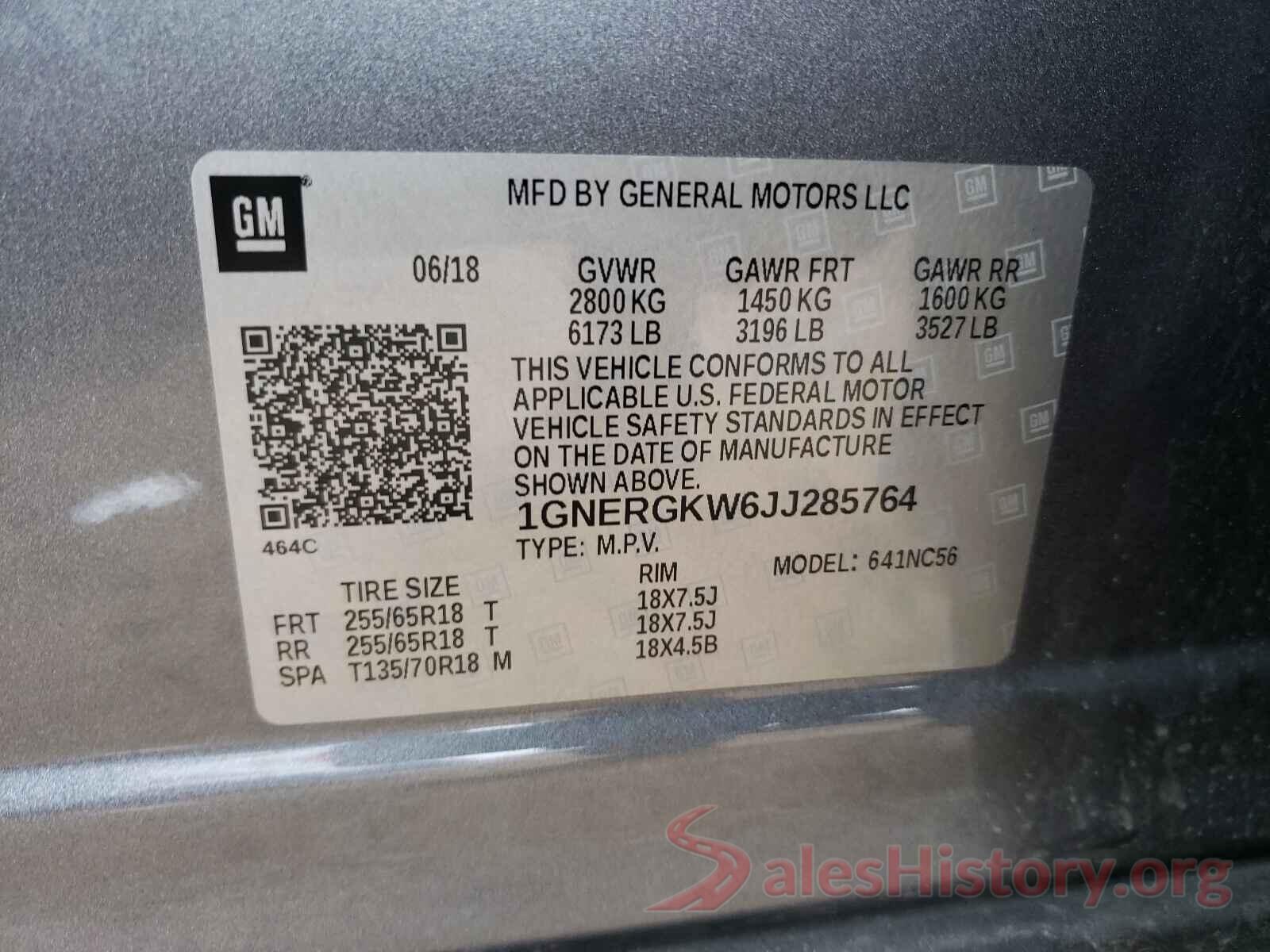 1GNERGKW6JJ285764 2018 CHEVROLET TRAVERSE