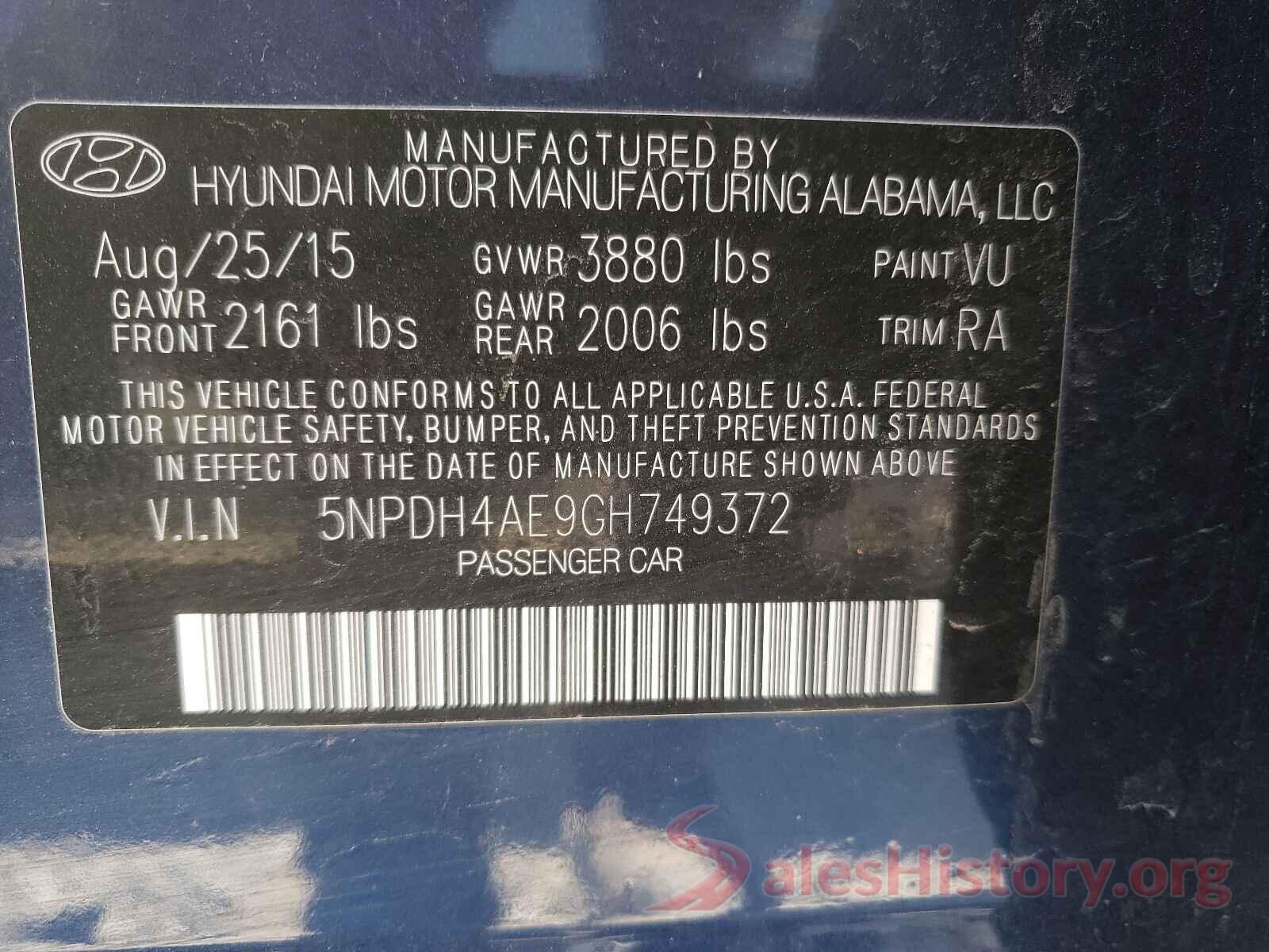 5NPDH4AE9GH749372 2016 HYUNDAI ELANTRA