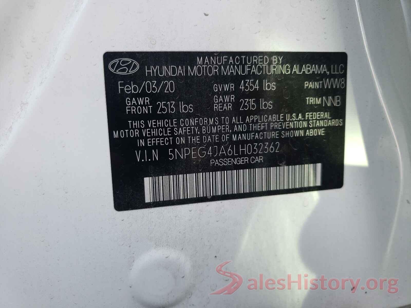 5NPEG4JA6LH032362 2020 HYUNDAI SONATA