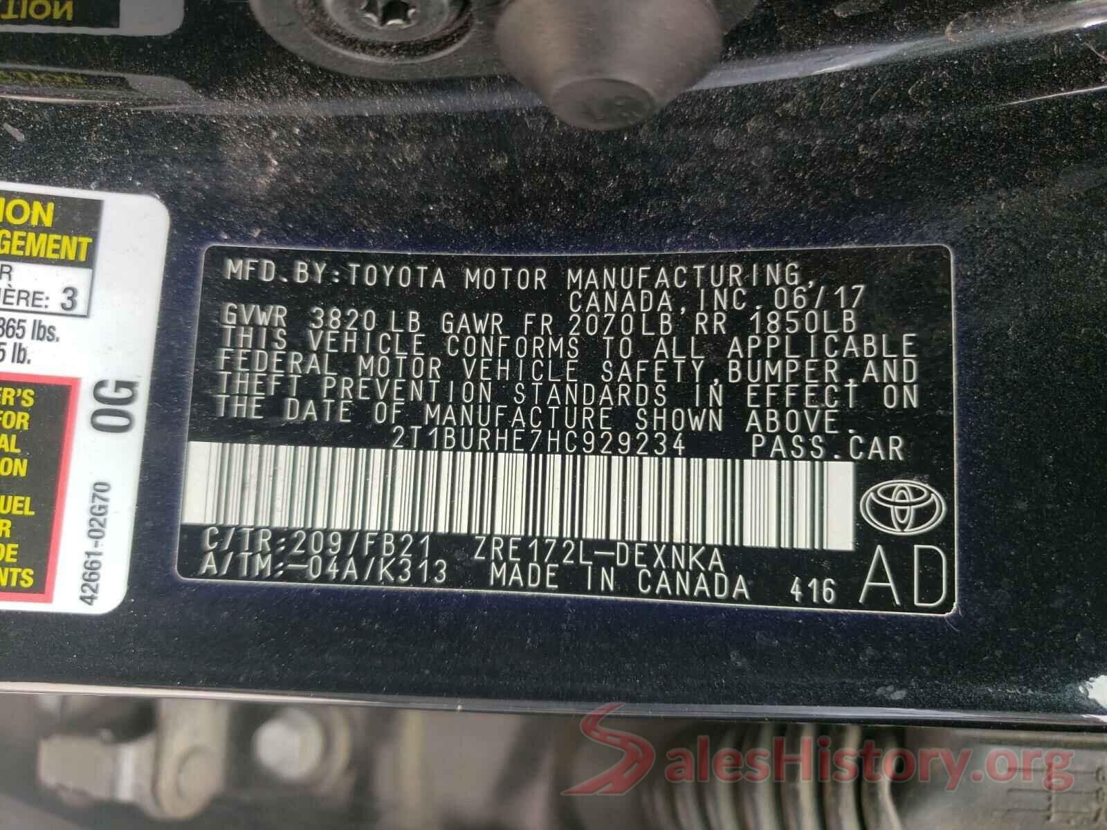 2T1BURHE7HC929234 2017 TOYOTA COROLLA