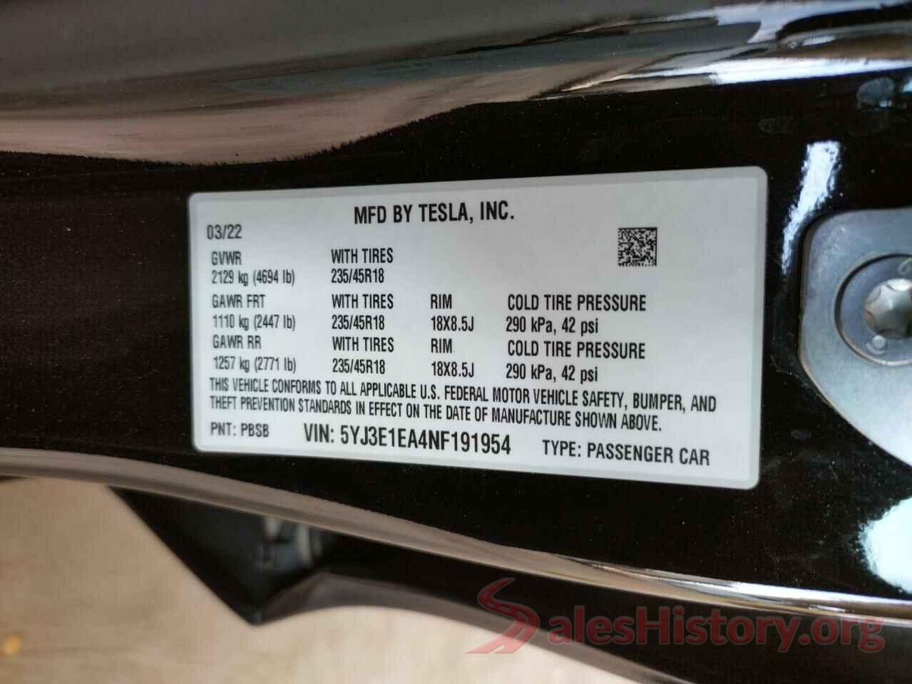 5YJ3E1EA4NF191954 2022 TESLA MODEL 3