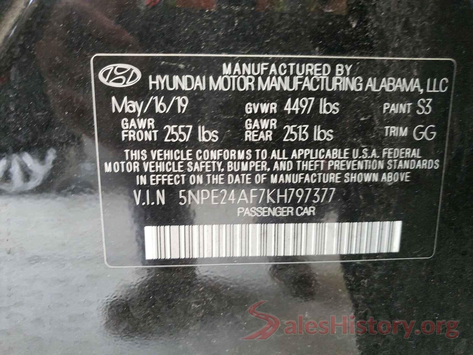 5NPE24AF7KH797377 2019 HYUNDAI SONATA