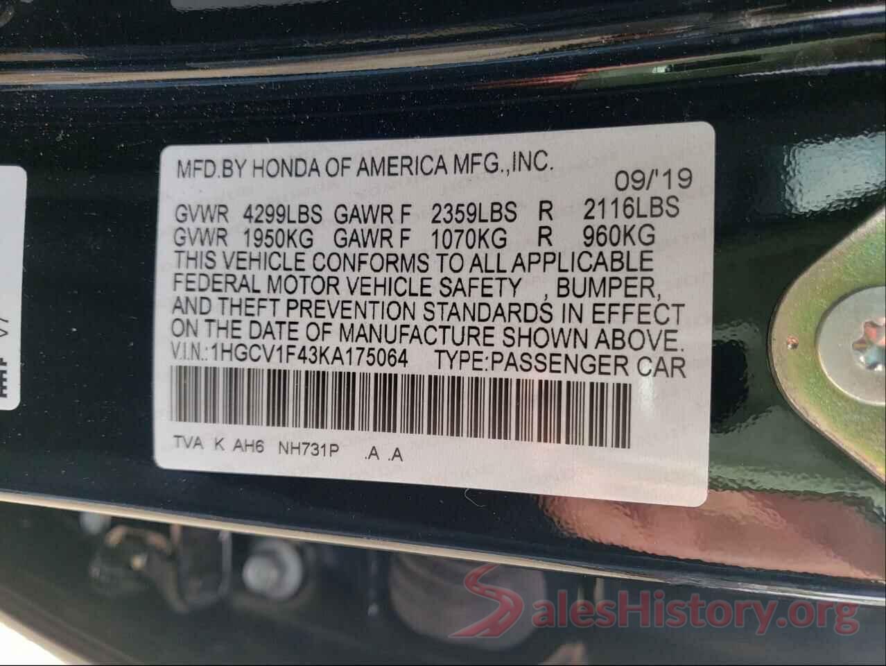 1HGCV1F43KA175064 2019 HONDA ACCORD