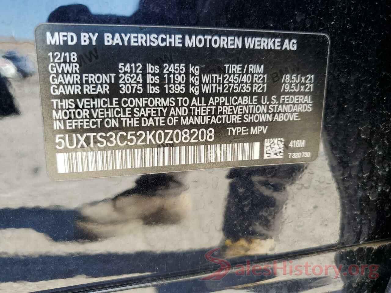 5UXTS3C52K0Z08208 2019 BMW X3