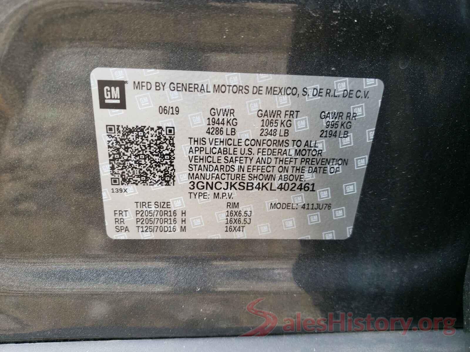 3GNCJKSB4KL402461 2019 CHEVROLET TRAX