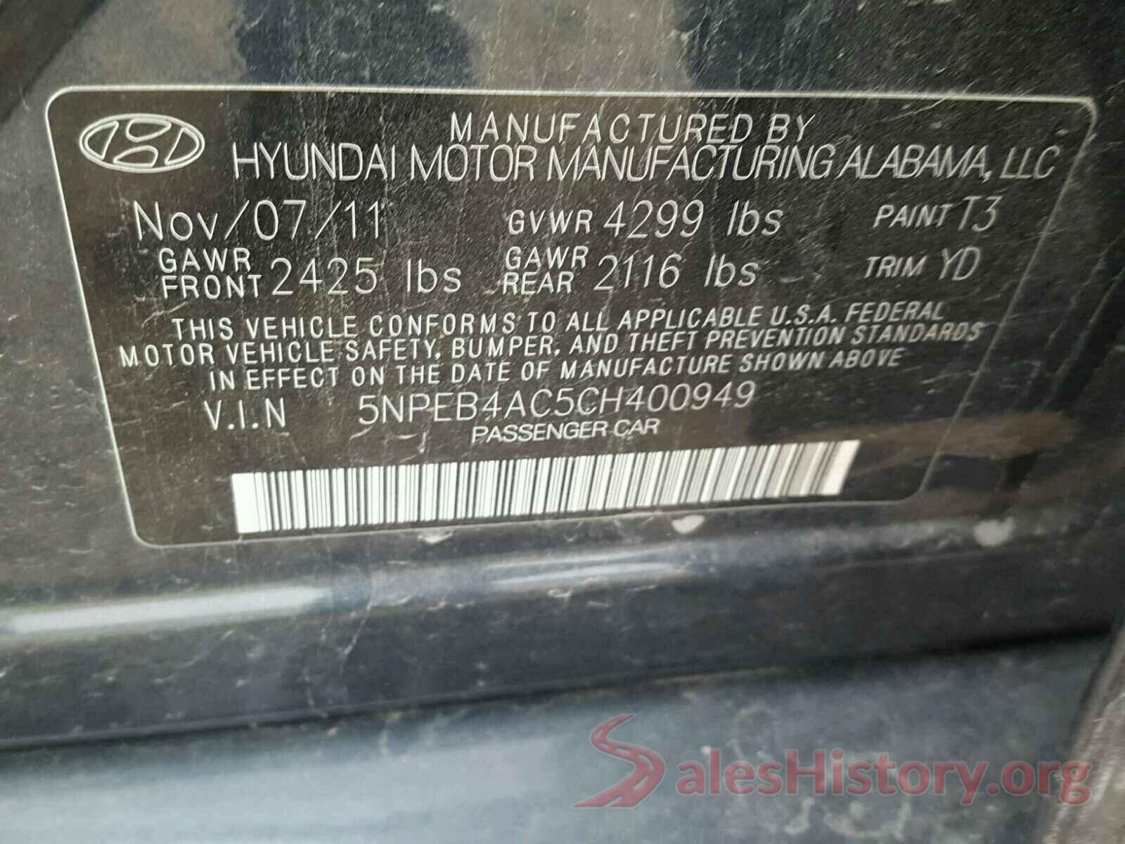 5NPEB4AC5CH400949 2012 HYUNDAI SONATA