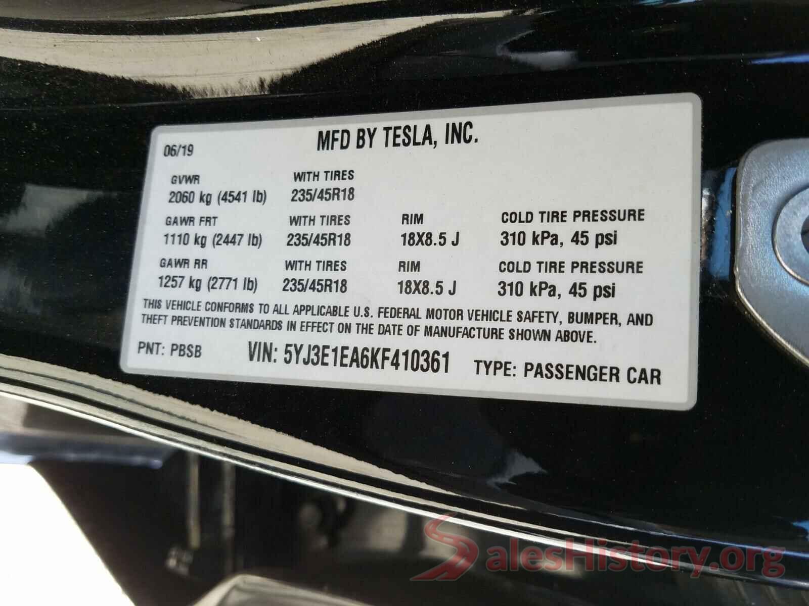 5YJ3E1EA6KF410361 2019 TESLA MODEL 3