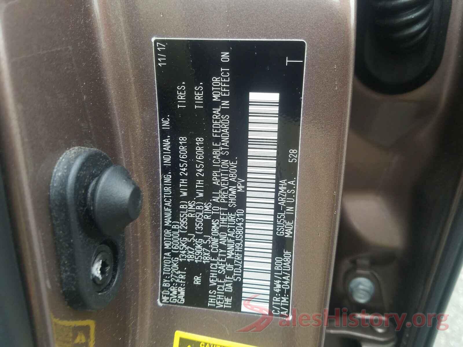 5TDJZRFH9JS804310 2018 TOYOTA HIGHLANDER