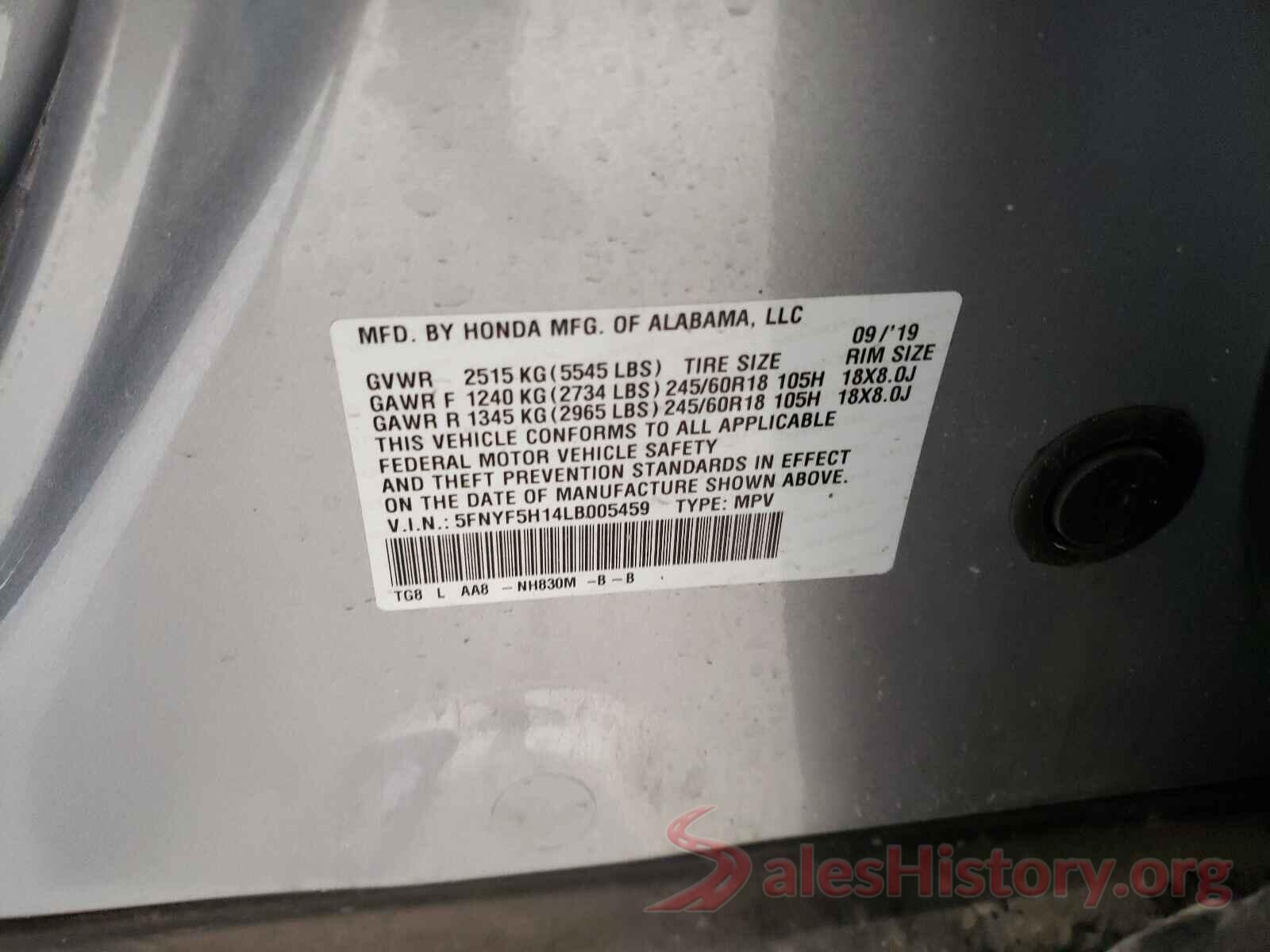 5FNYF5H14LB005459 2020 HONDA PILOT