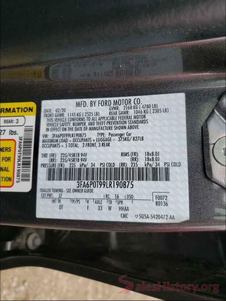 3FA6P0T99LR190875 2020 FORD FUSION