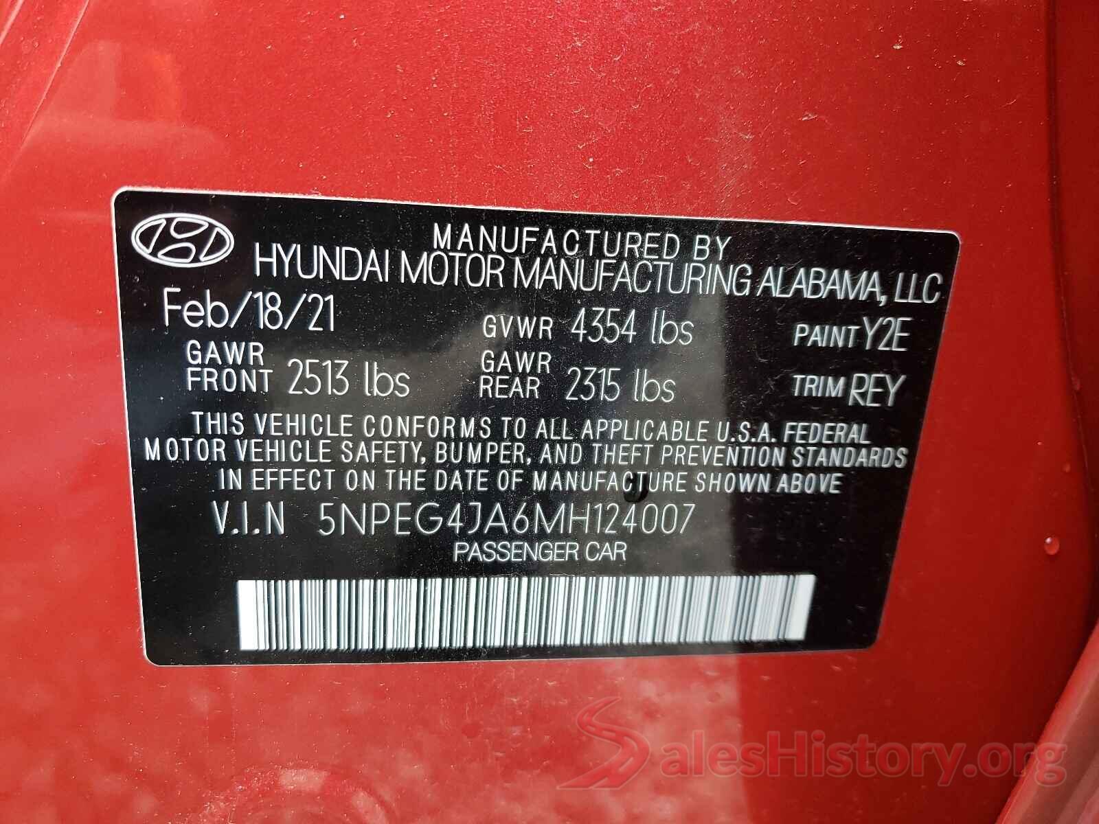 5NPEG4JA6MH124007 2021 HYUNDAI SONATA