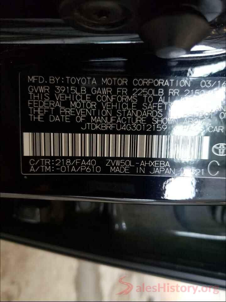 JTDKBRFU4G3012159 2016 TOYOTA PRIUS