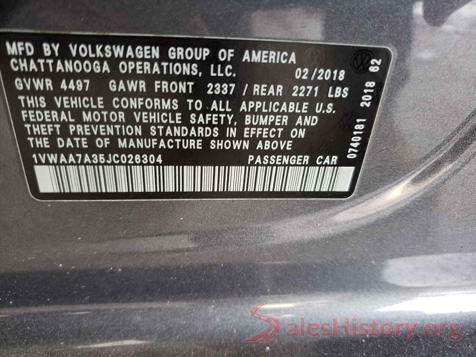 1VWAA7A35JC026304 2018 VOLKSWAGEN PASSAT