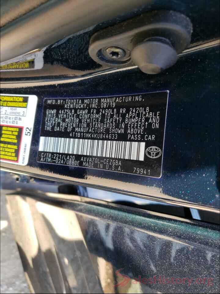 4T1B11HK4KU844633 2019 TOYOTA CAMRY