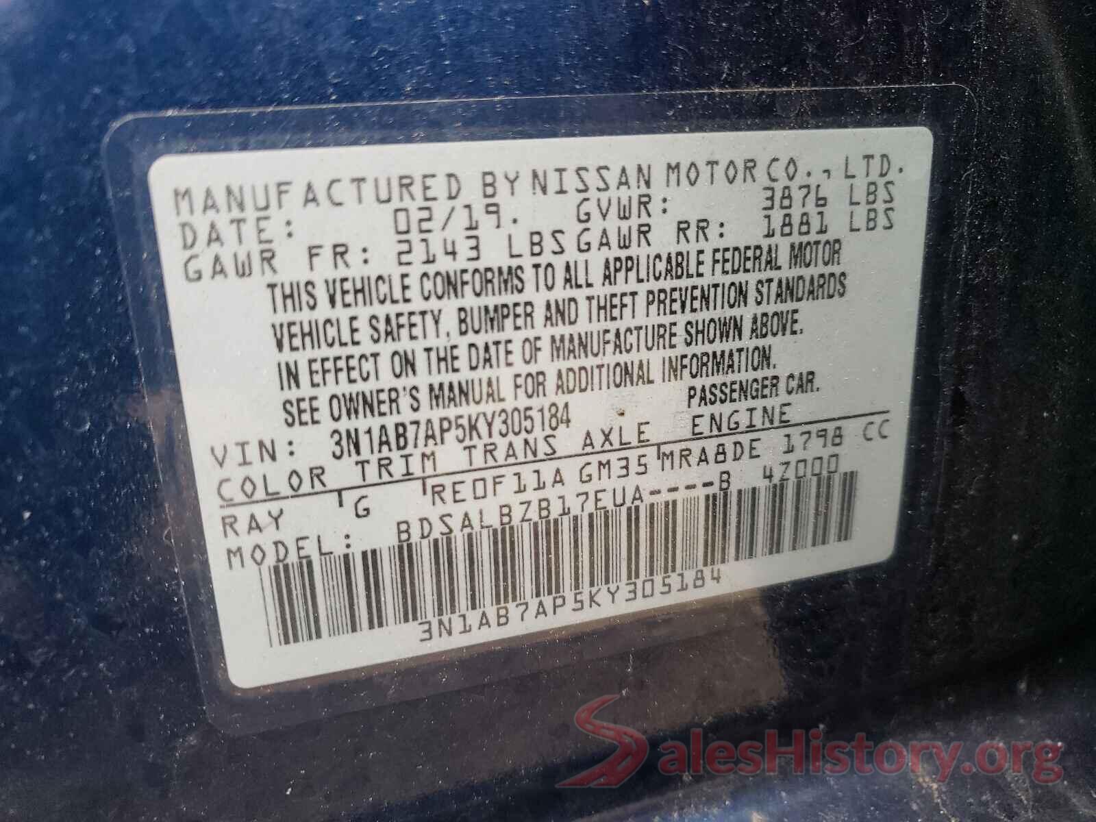 3N1AB7AP5KY305184 2019 NISSAN SENTRA