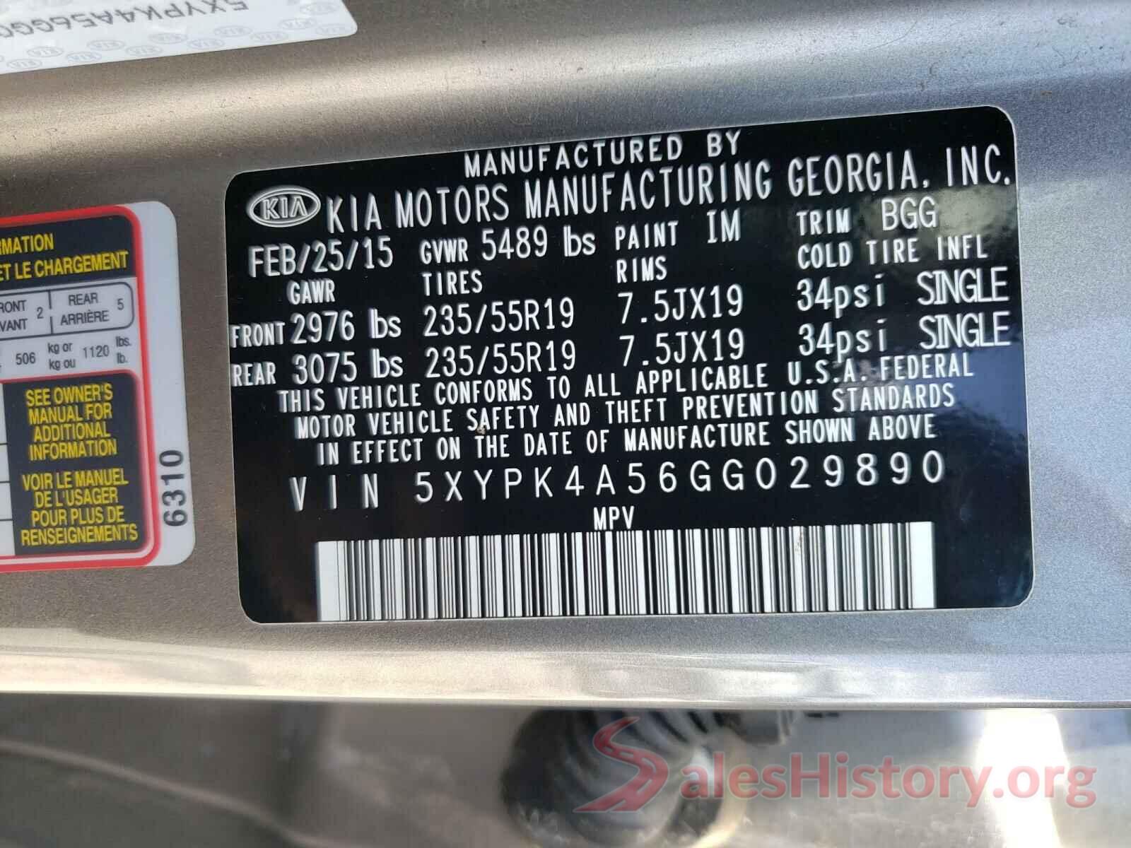 5XYPK4A56GG029890 2016 KIA SORENTO