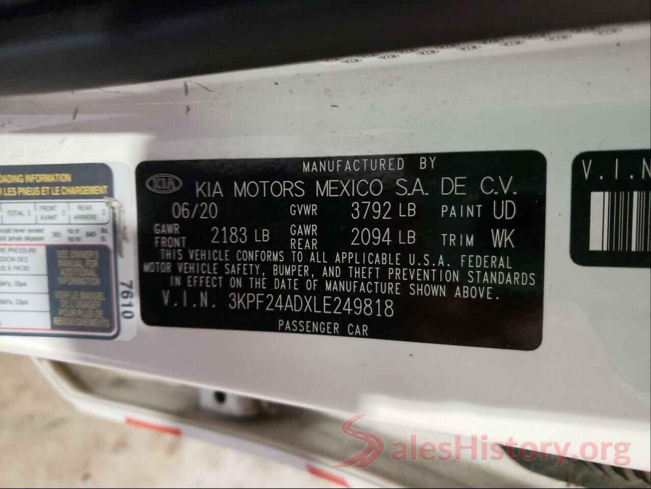 3KPF24ADXLE249818 2020 KIA FORTE