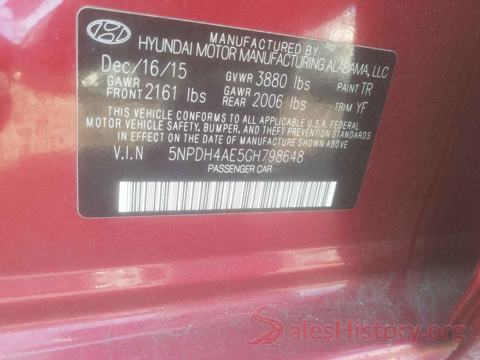 5NPDH4AE5GH798648 2016 HYUNDAI ELANTRA