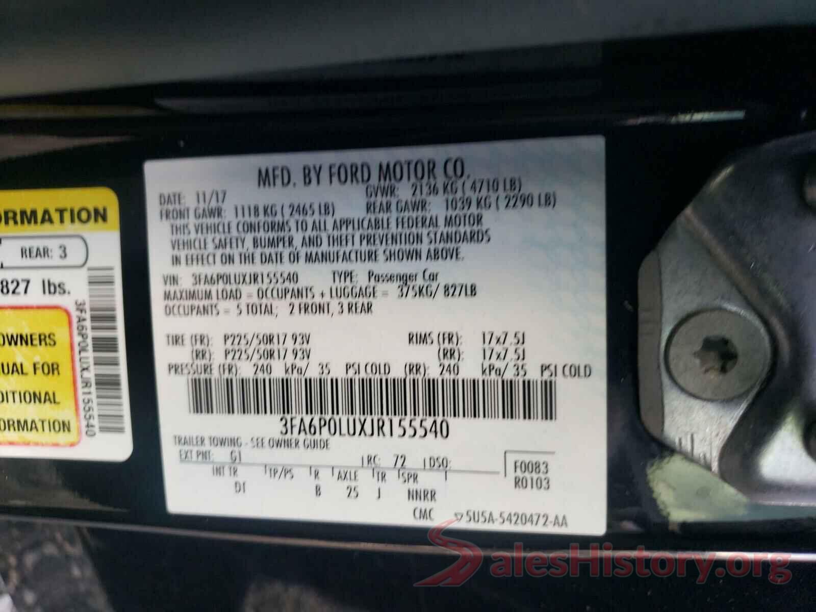 3FA6P0LUXJR155540 2018 FORD FUSION