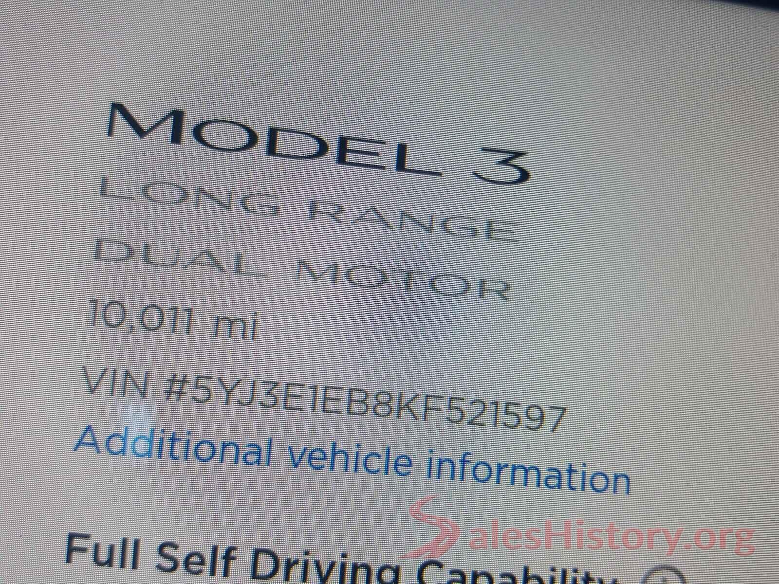 5YJ3E1EB8KF521597 2019 TESLA MODEL 3