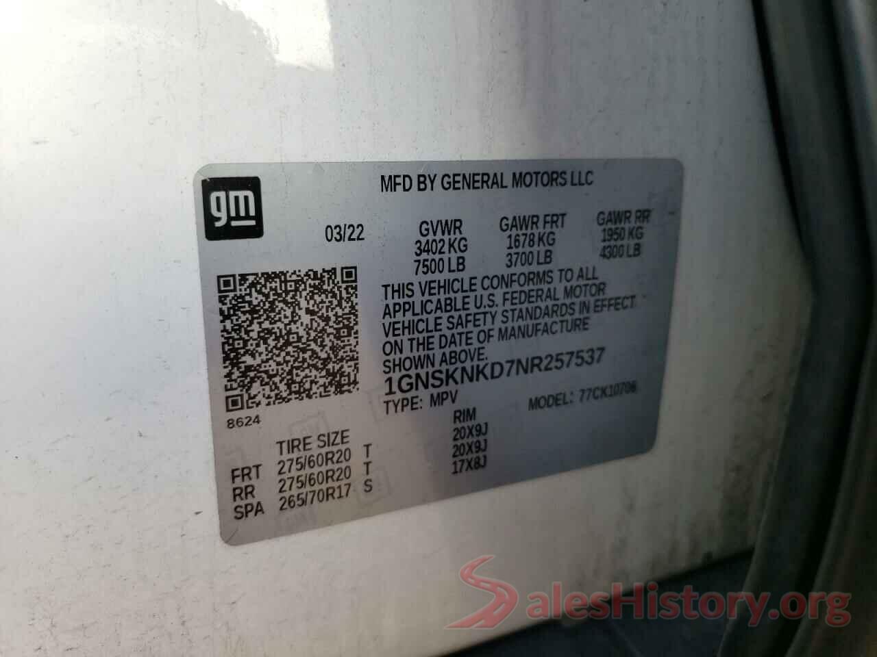 1GNSKNKD7NR257537 2022 CHEVROLET TAHOE