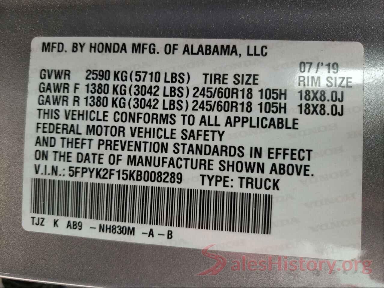 5FPYK2F15KB008289 2019 HONDA RIDGELINE