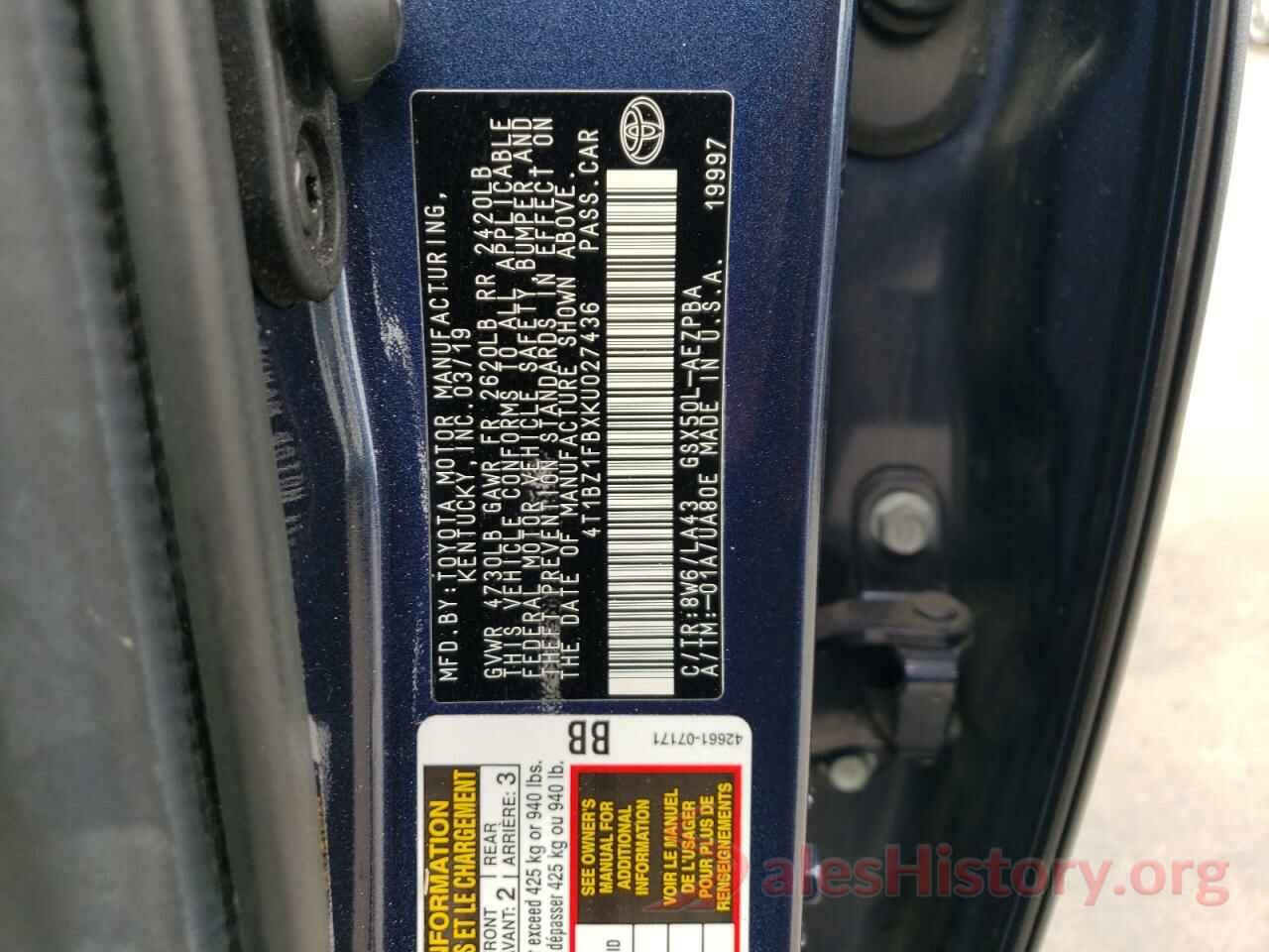 4T1BZ1FBXKU027436 2019 TOYOTA AVALON