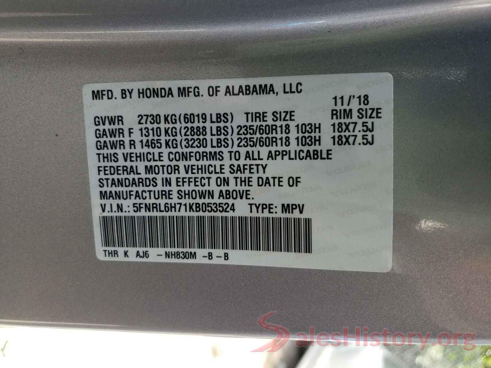 5FNRL6H71KB053524 2019 HONDA ODYSSEY