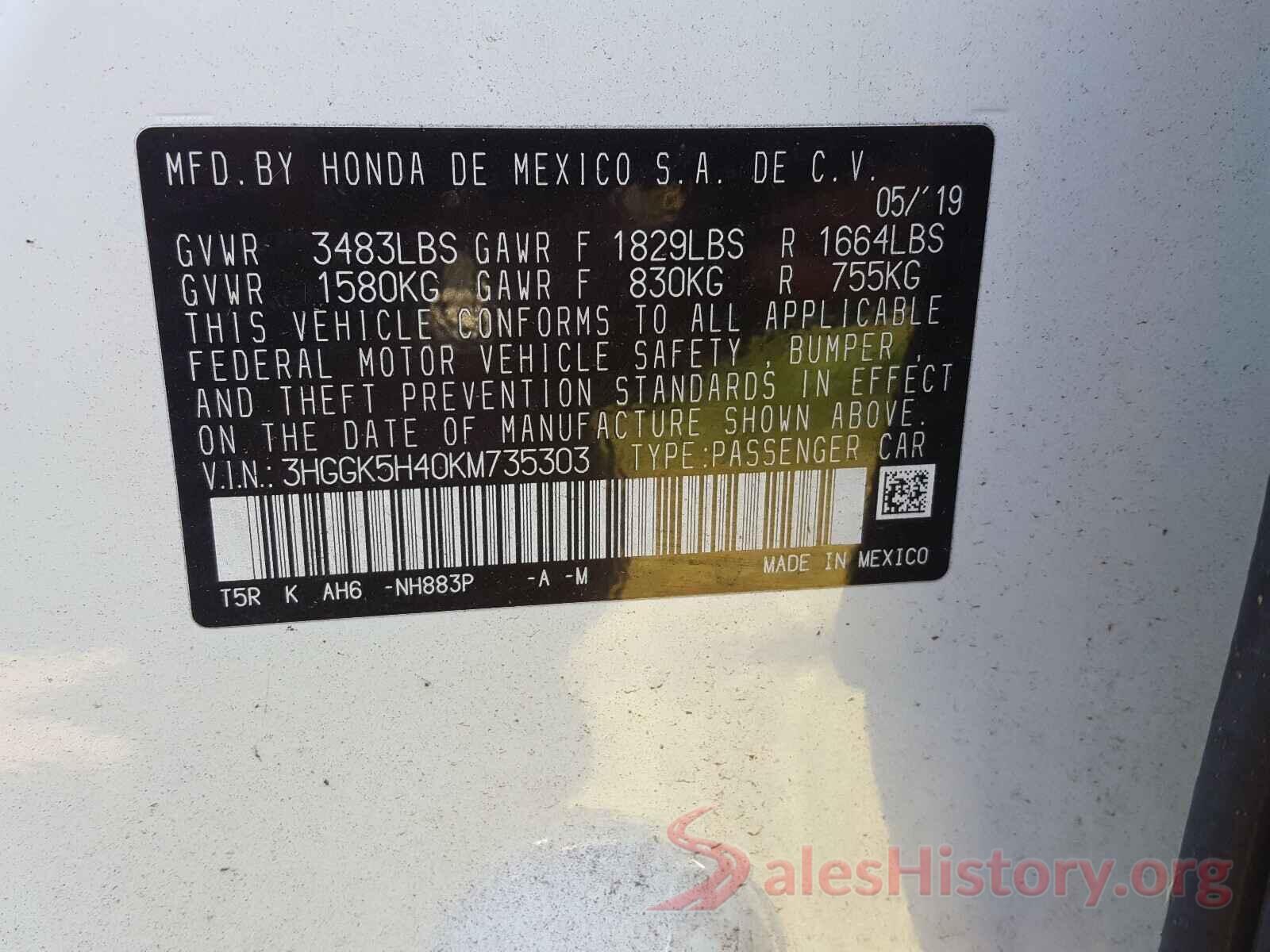 3HGGK5H40KM735303 2019 HONDA FIT