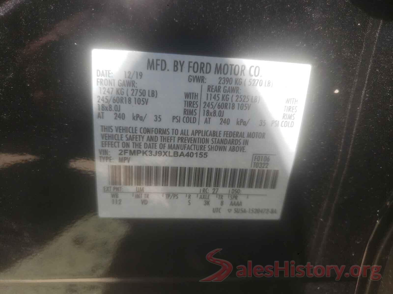 2FMPK3J9XLBA40155 2020 FORD EDGE