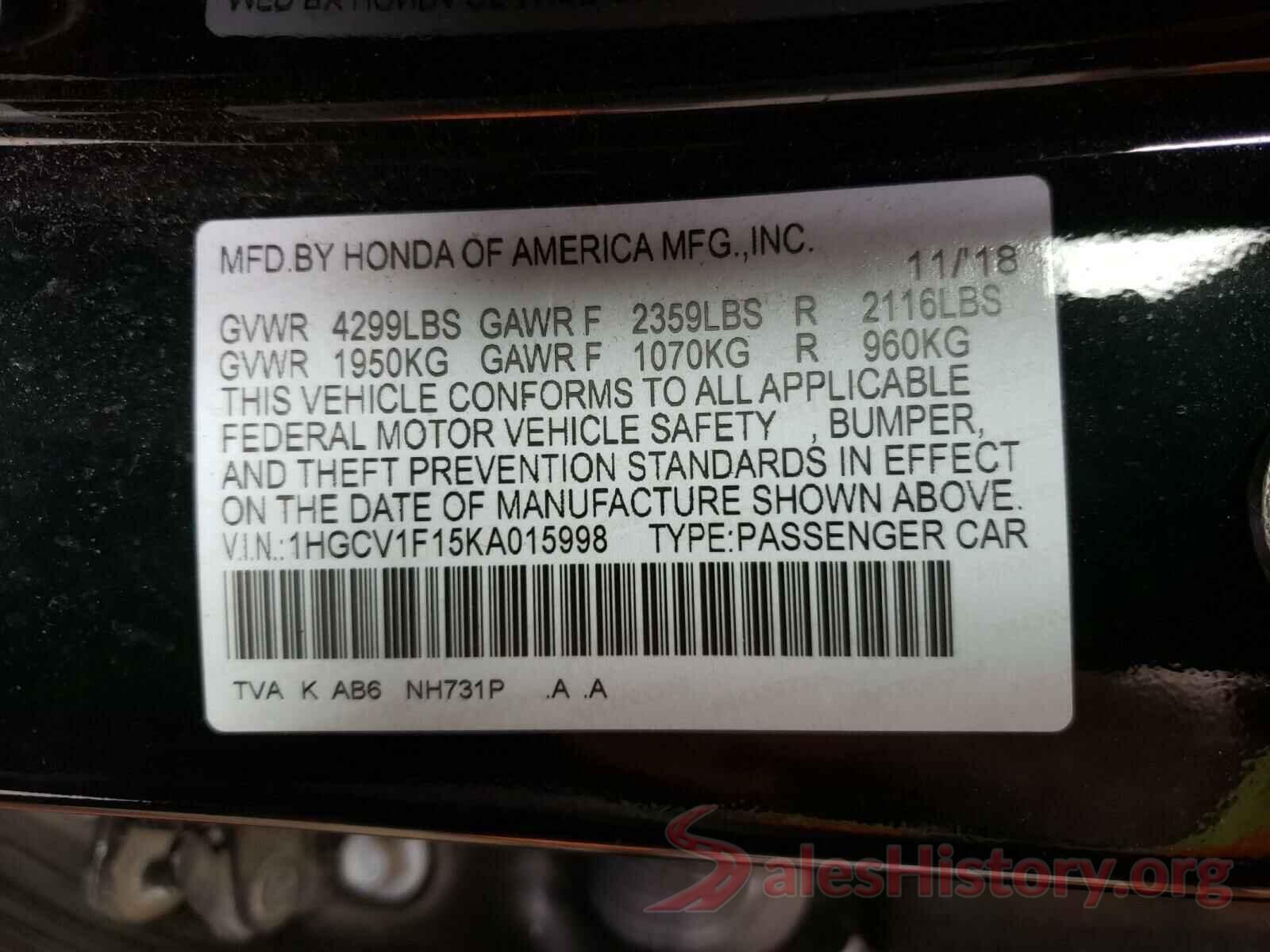 1HGCV1F15KA015998 2019 HONDA ACCORD