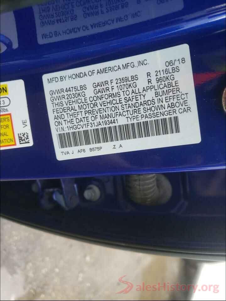 1HGCV1F31JA193441 2018 HONDA ACCORD