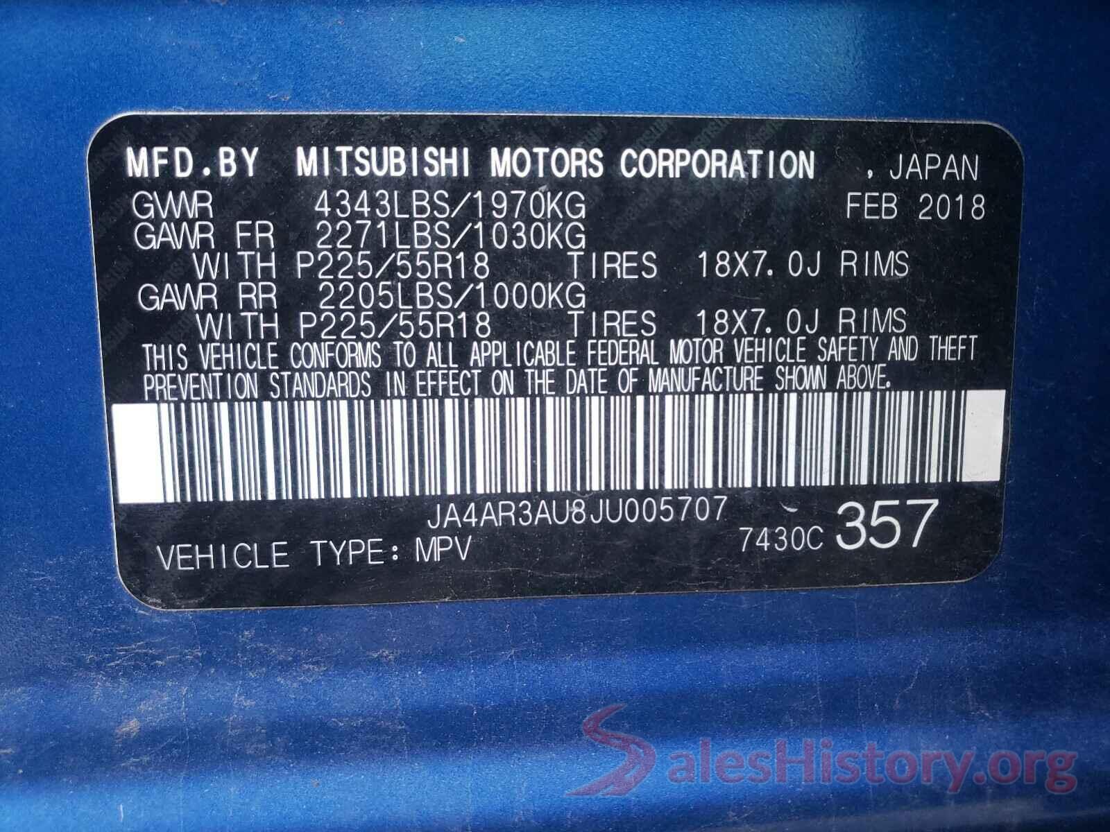 JA4AR3AU8JU005707 2018 MITSUBISHI OUTLANDER