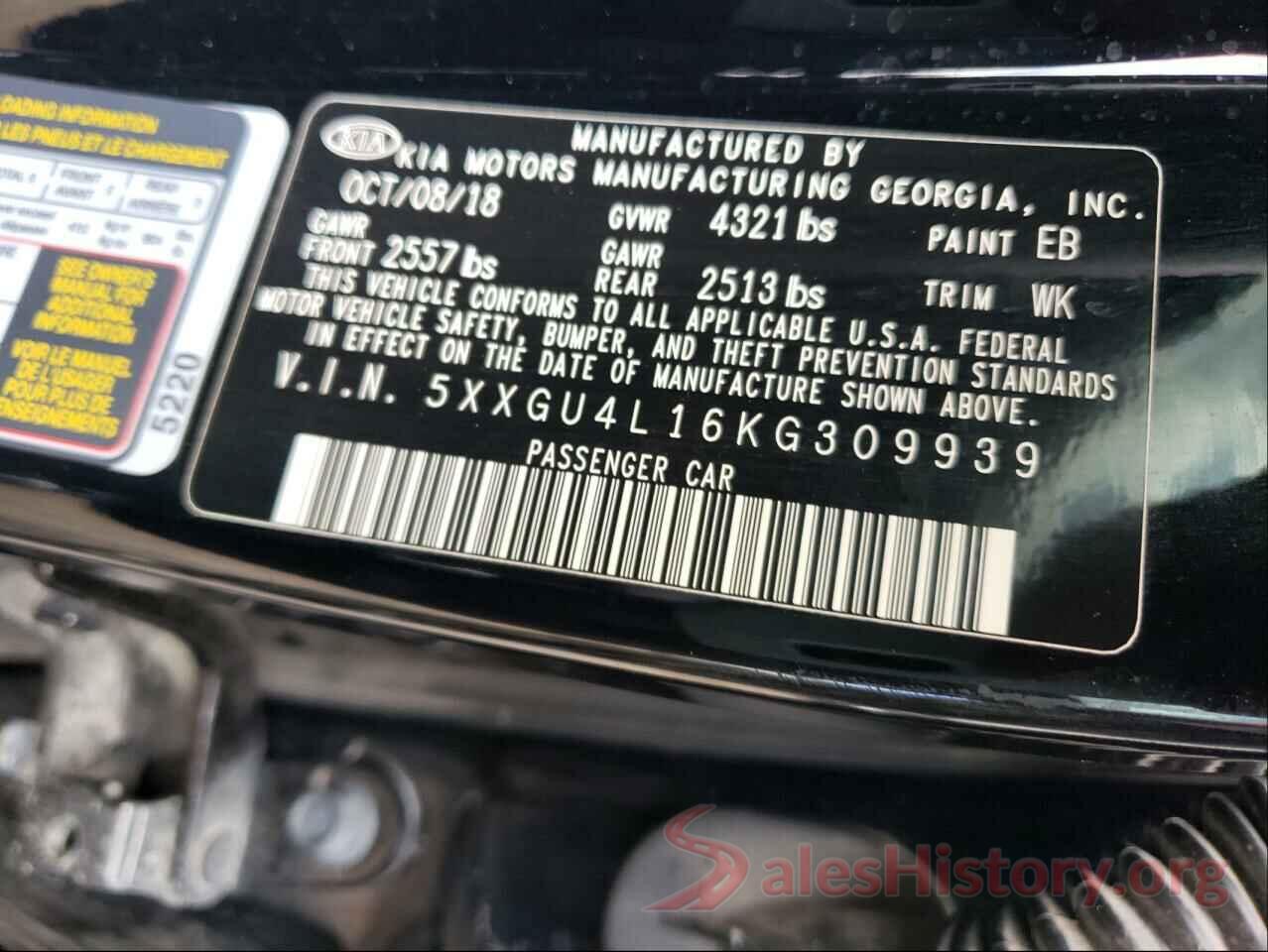 5XXGU4L16KG309939 2019 KIA OPTIMA