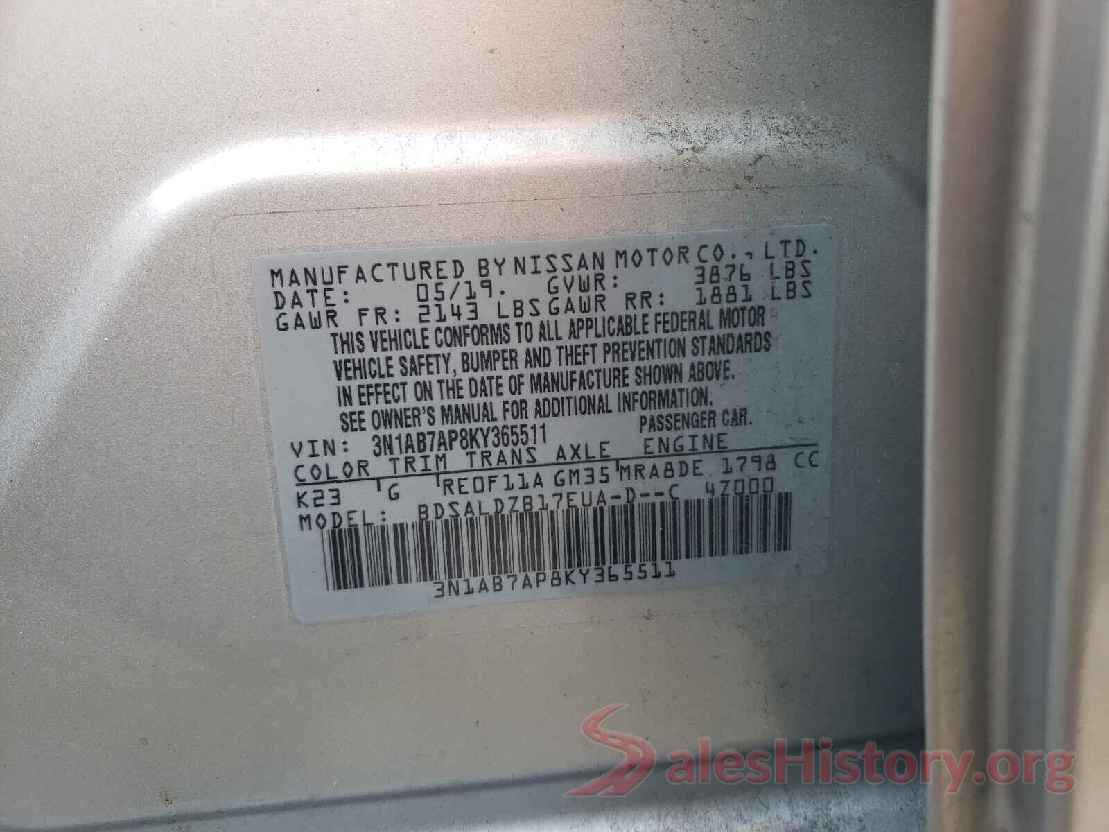 3N1AB7AP8KY365511 2019 NISSAN SENTRA