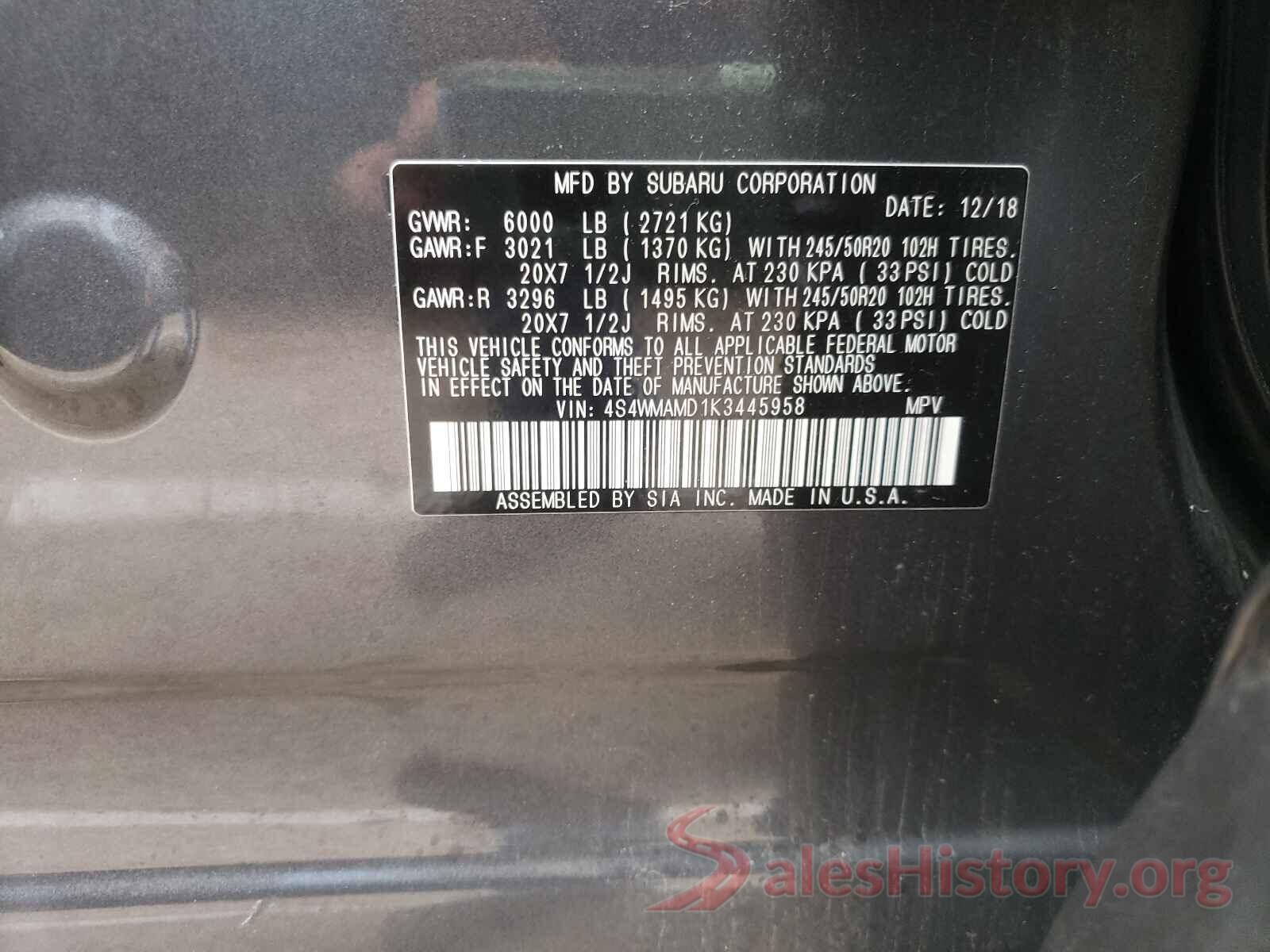 4S4WMAMD1K3445958 2019 SUBARU ASCENT