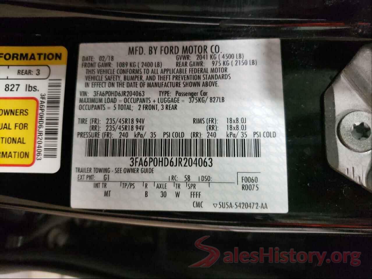 3FA6P0HD6JR204063 2018 FORD FUSION