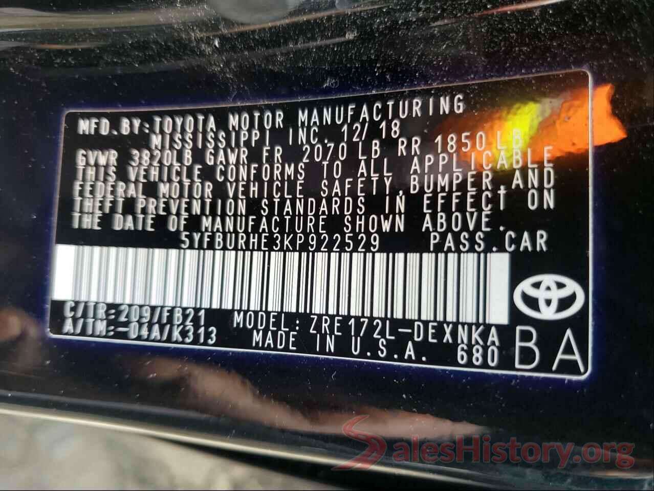 5YFBURHE3KP922529 2019 TOYOTA COROLLA