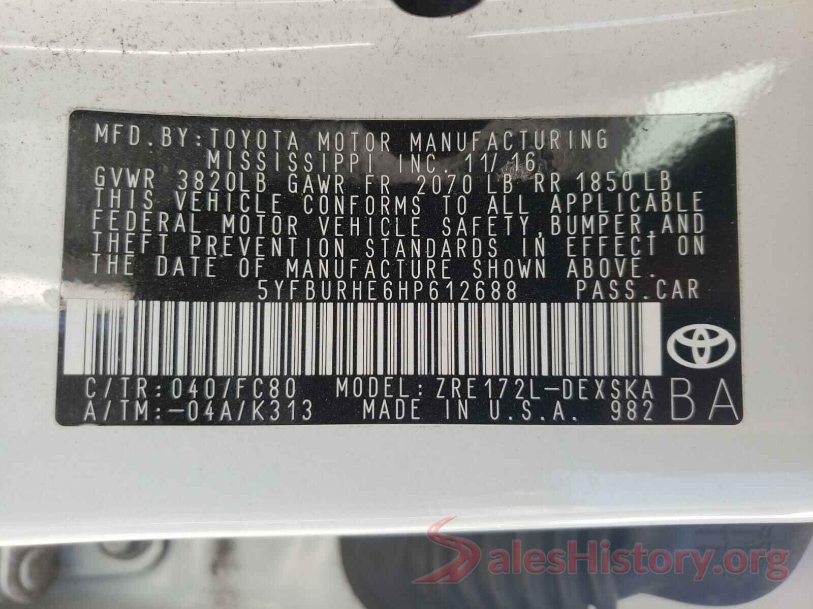 5YFBURHE6HP612688 2017 TOYOTA COROLLA