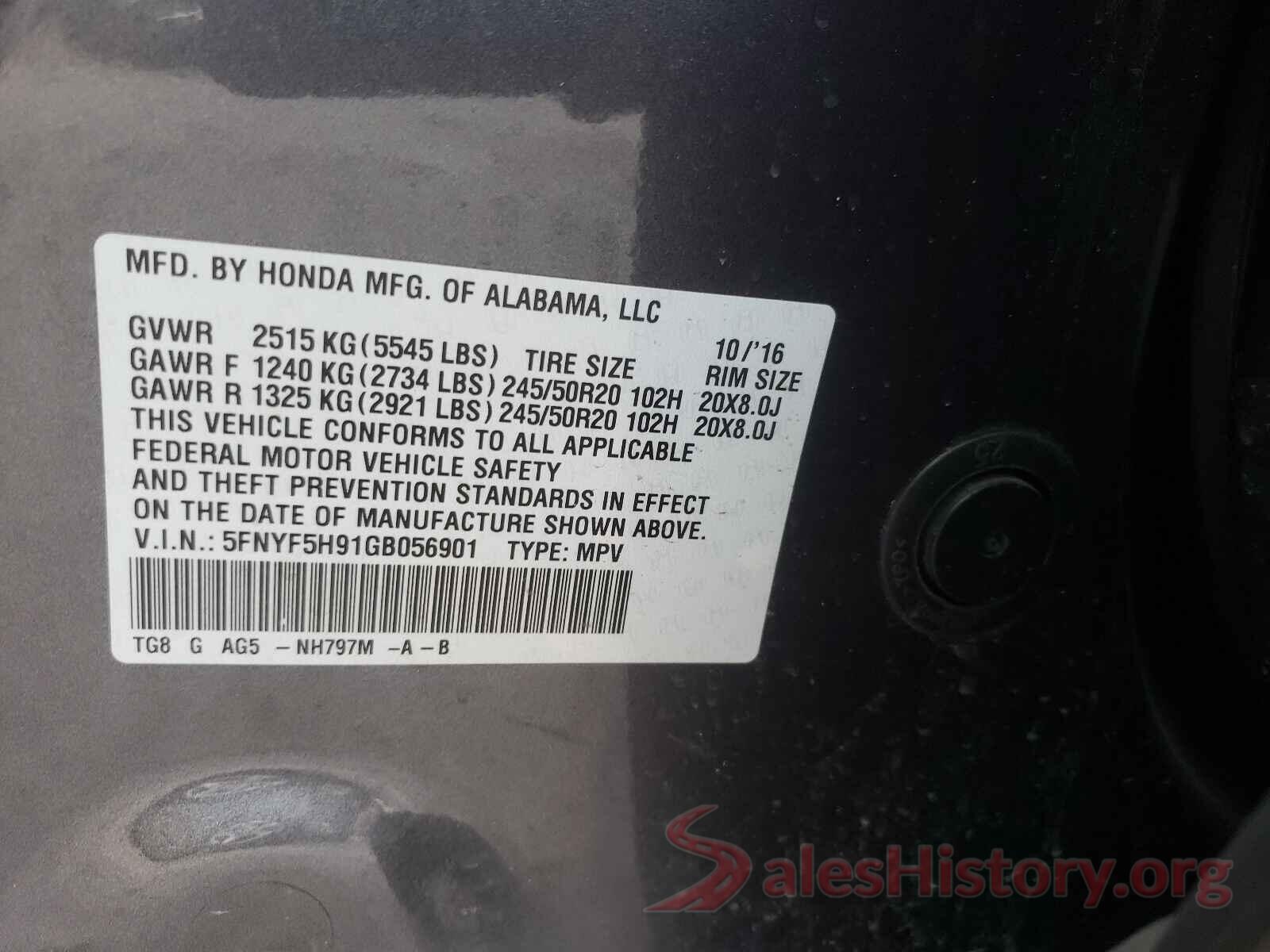 5FNYF5H91GB056901 2016 HONDA PILOT