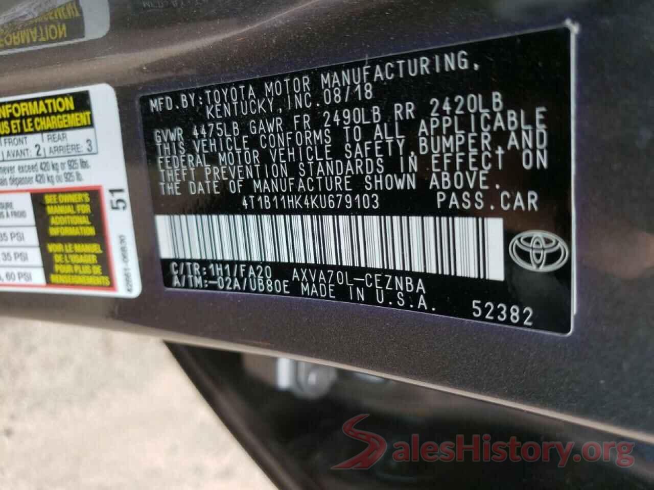 4T1B11HK4KU679103 2019 TOYOTA CAMRY